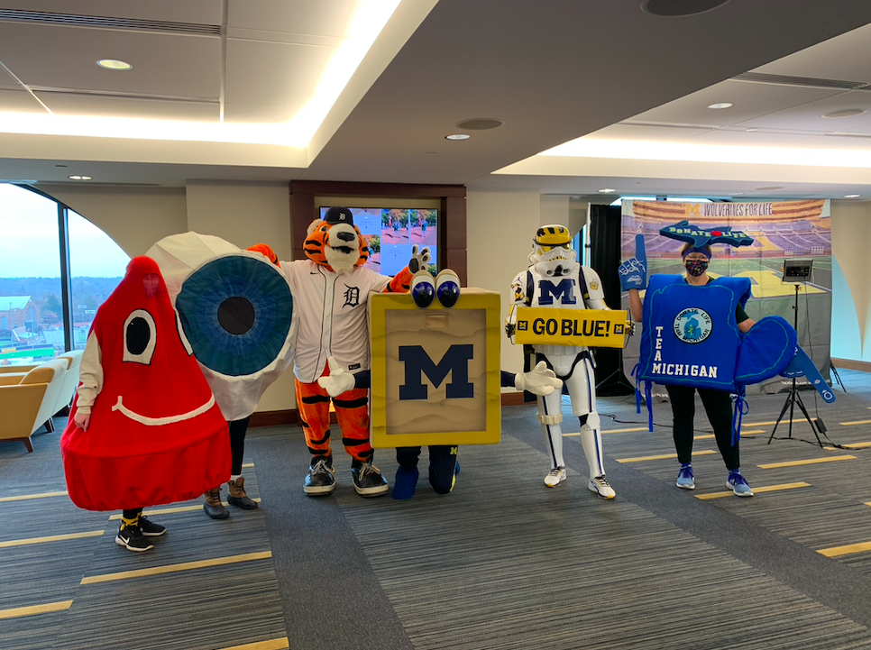Michigan and Detroit mascots at a Be a Hero blood drive