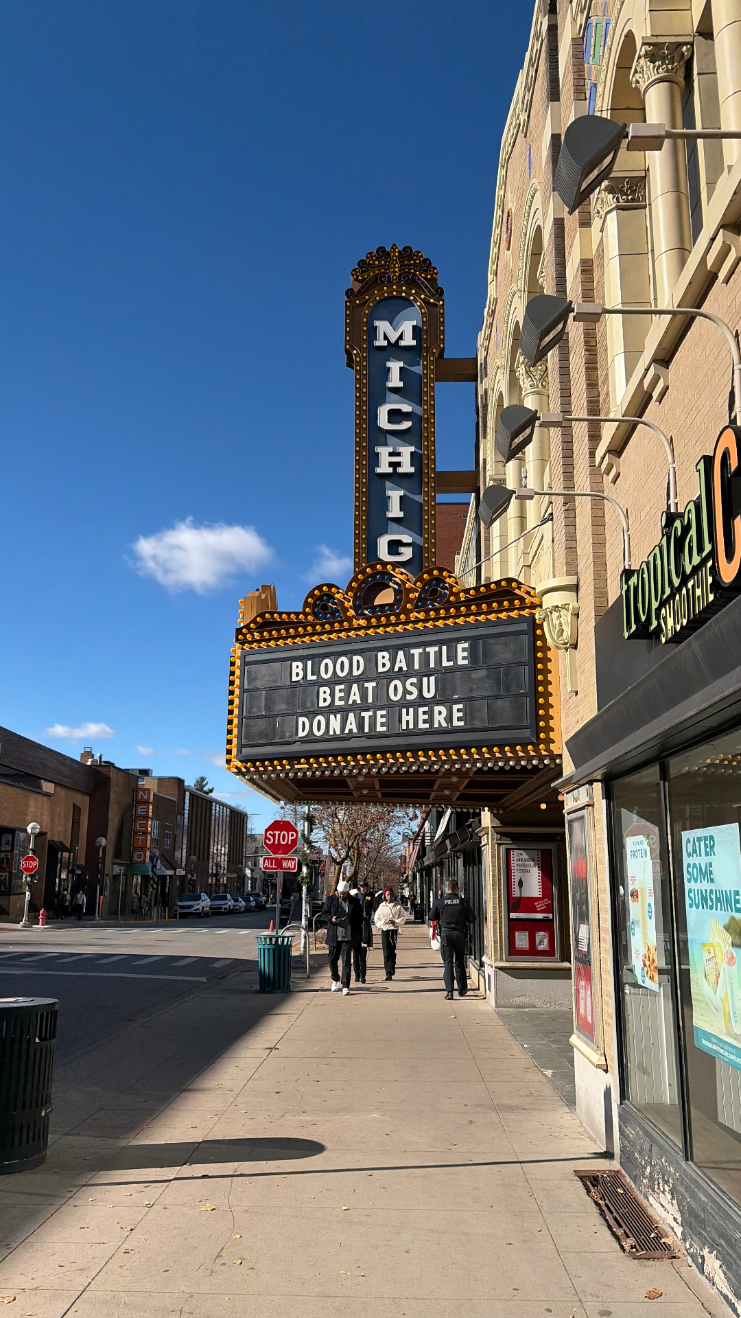 Michigan Theater marquee promoting Blood Battle and blood donation