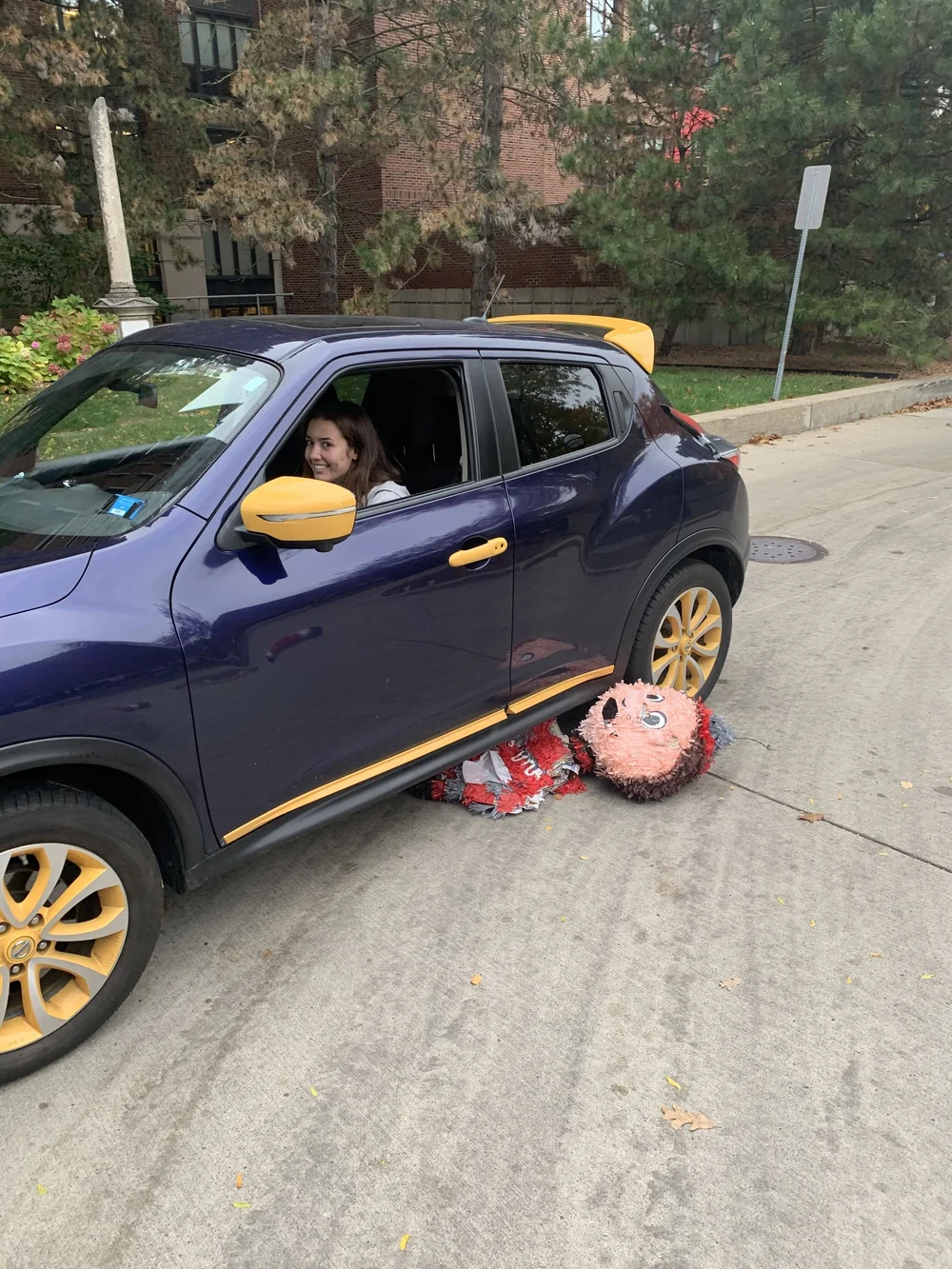 Blood Battle piñata beside a maize and blue car